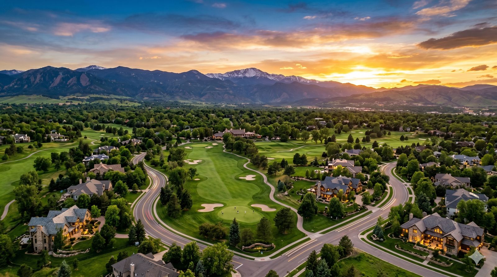 Cherry Hills Village neighborhood at sunset with the Rocky Mountains behind